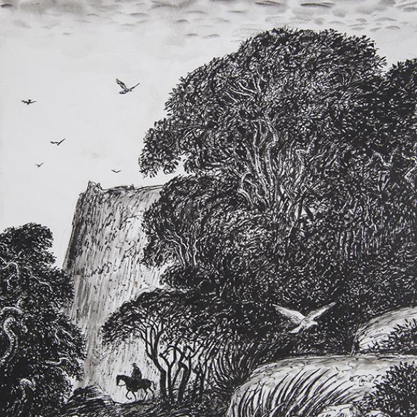 La presencia lejana de un jinete altera la solemne soledad del bosque